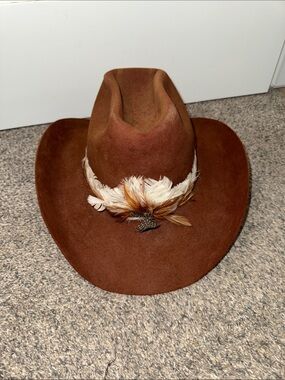 Beaver Hats  Brown Feather Trim imported fur Felt Cowboy Hat 6 7/8 luxury